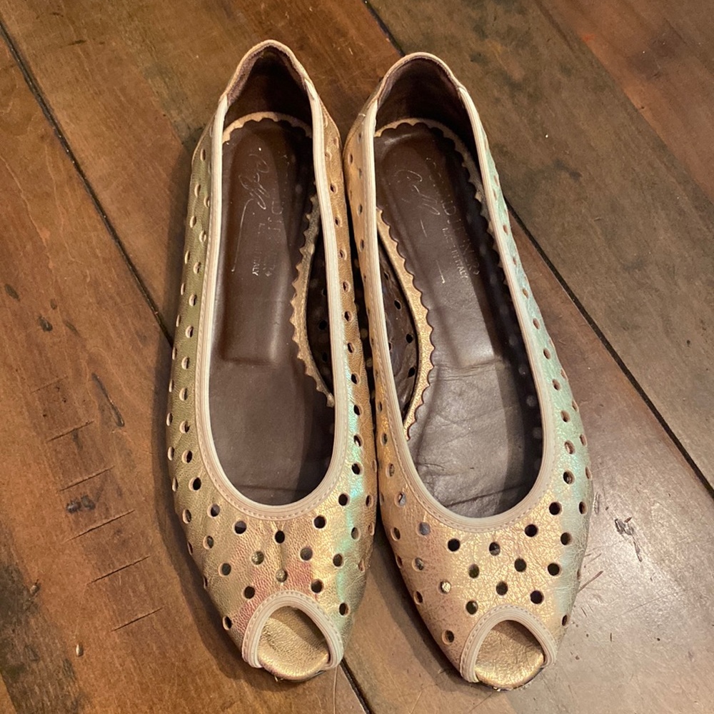 Gold peep toe flats